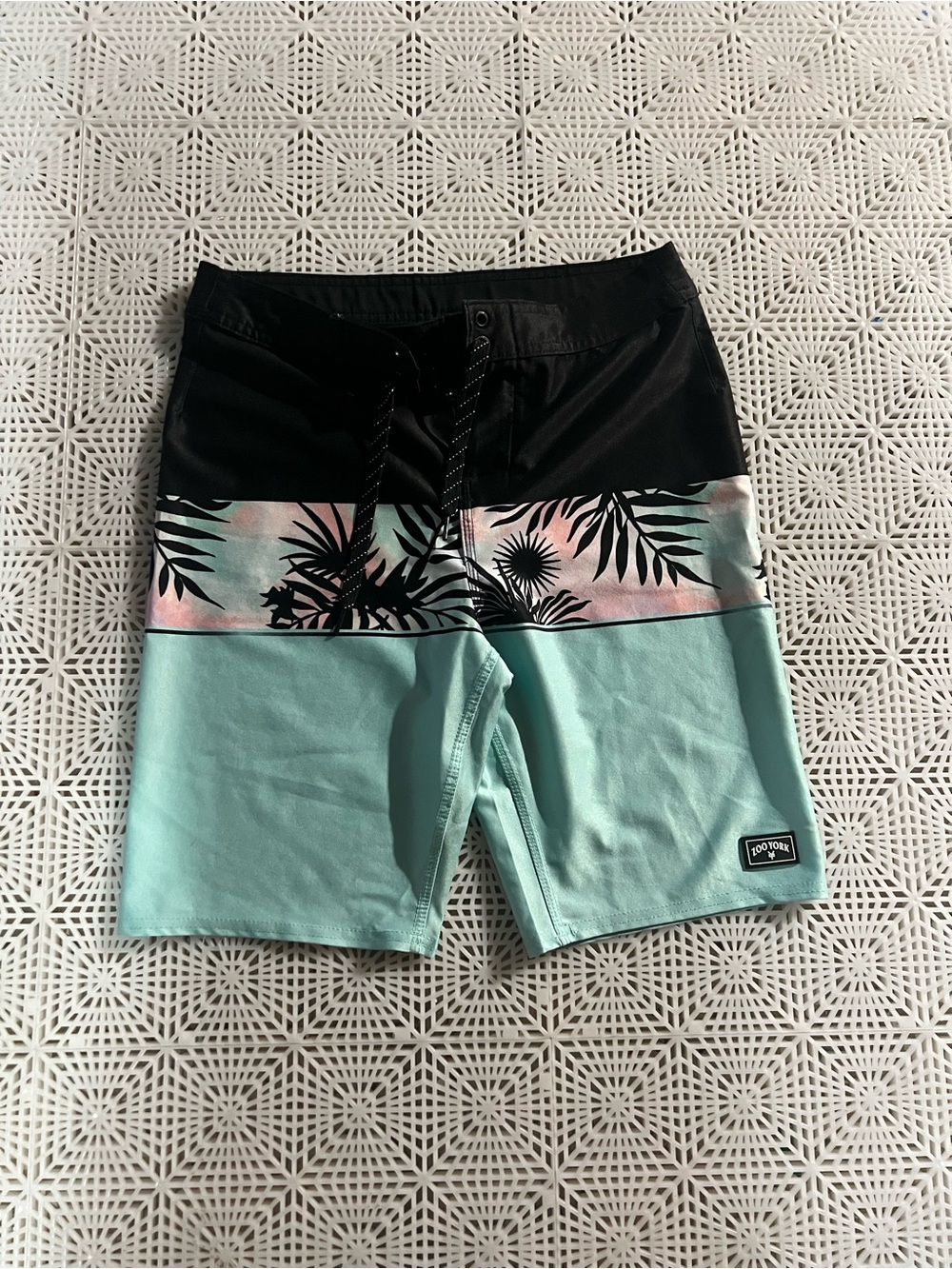 Zoo York Boys Black and Mint Green Swim Trunks with Tropical Waist Panel